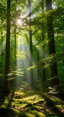 Naklejka premium Sunbeams in a lush forest