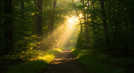 Obraz premium Sunlit Path Through a Mystical Forest