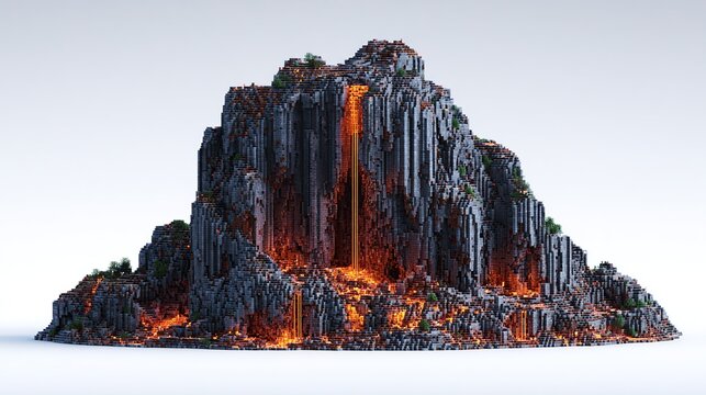 Voxel mountain with lava stream cascading down its dark blocky basalt columns