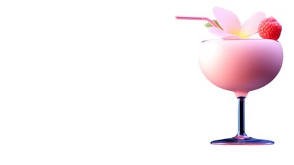 Pink cocktail sits in a glass with a raspberry and flower, accented with a straw.