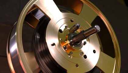 Close-up of a golden audio reel