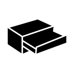 Black and white vector icon of a drawer cabinet with an open sliding drawer.