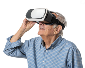Senior Man Experiencing Virtual Reality Headset with Wonder and Amazement Futuristic Technology for Elderly