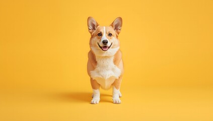 Playful corgi dog sitting against a bright yellow background in studio setting capturing joyful expressions