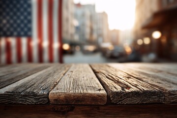 Weathered Wooden Surface with Blurred American Flag and City Background
