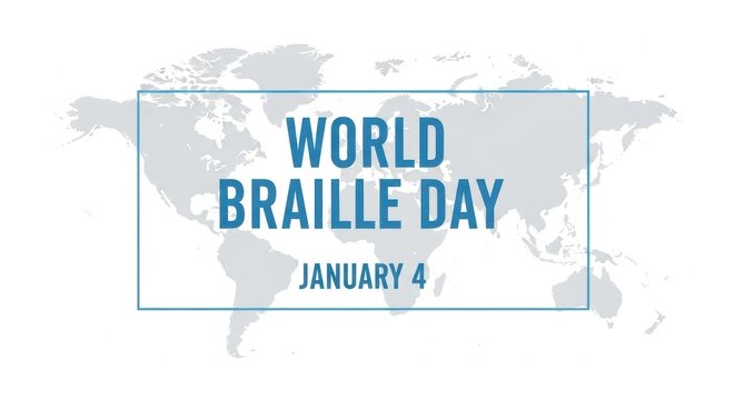 World braille day poster with a world map background and a blue border around the text area