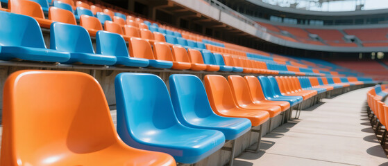 Fototapeta premium Stadium Seats Orange Blue Plastic Chairs Sports Arena Venue Bleachers Spectator Seating Rows