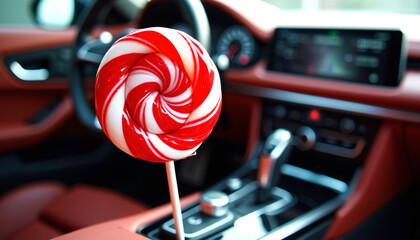 Surreal Luxury Car Ignition with Giant Glossy Lollipop Key, Rebellious, Playful