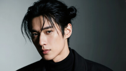 Handsome Asian Man Long Hair Bun Stylish Portrait
