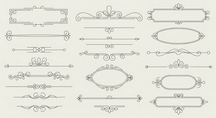 A collection of elegant, vintage-style decorative borders and dividers. Perfect for adding a classic touch to designs. Various shapes and sizes are included.