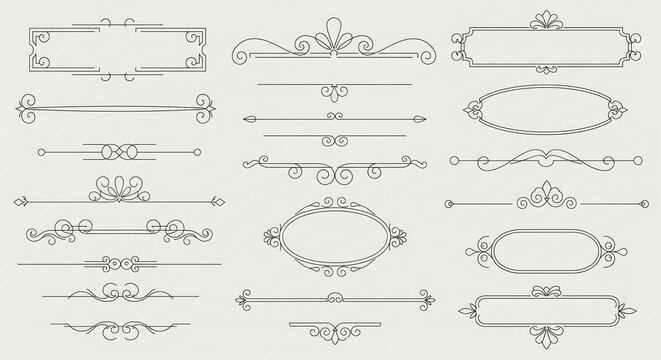 A collection of elegant, vintage-style decorative borders and dividers. Perfect for adding a classic touch to designs. Various shapes and sizes are included.