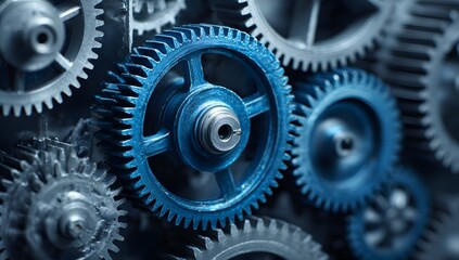 Close up view of metallic gears in motion for industrial machinery