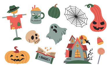 Set collection of Halloween elements, icons, clipart pumpkins, ghost, candy,  spiderwebs, scarecrow, haunted house and others
