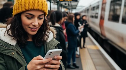 Waiting at the Train Station: Woman Using Smartphone - Powered by Adobe
