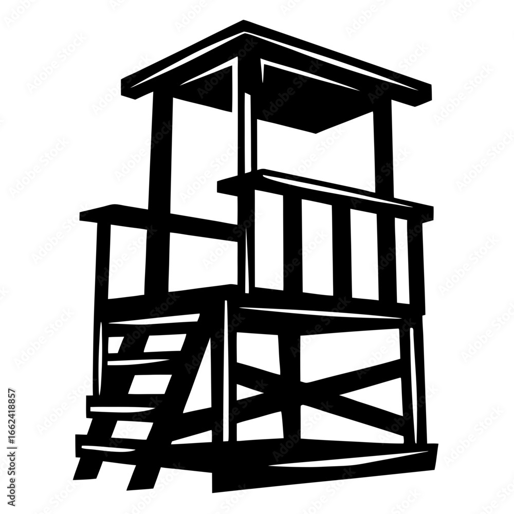 Poster monochromatic lifeguard tower illustration emphasizing line and geometry with no color