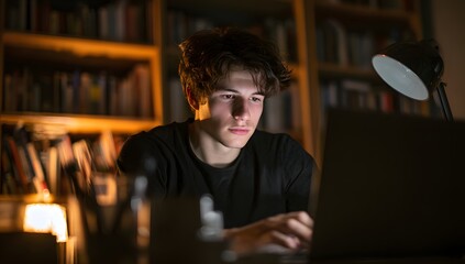Focused young man studying late at night with laptop in cozy home library