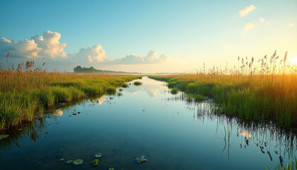 Fototapeta premium Golden Hour Serene Marsh Panorama | Luxury Nature & Magazine Cover Background