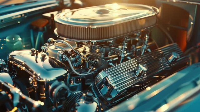 The intricate engine of a car. Shows its internal components and mechanical design.