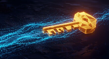 Golden Key with Digital Stream Security & Data Access Concept
