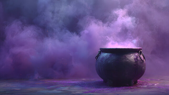 A purple cauldron with smoke and glowing liquid inside, on a halloween background