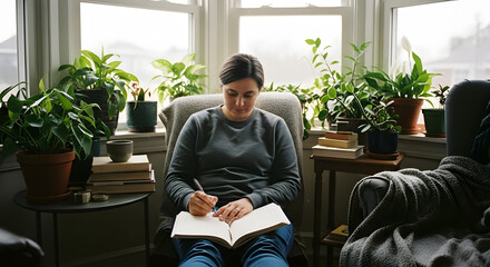 Cozy Home Journaling: Woman Writing Amidst Indoor Plants