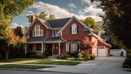 Beautiful suburban red brick house with garden and driveway