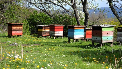 Colorful beehives in a grassy meadow