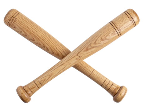 Overhead Top-Down View of Crossed Wooden Baseball Bats, Isolated PNG