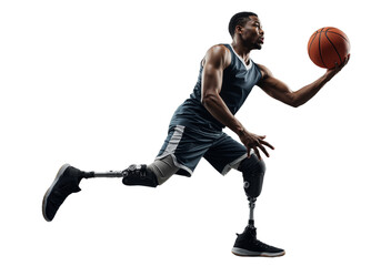 Inspirational para-athlete with prosthetic legs playing basketball in a dynamic pose on transparent background