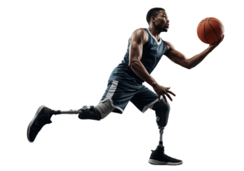 Inspirational para-athlete with prosthetic legs playing basketball in a dynamic pose on transparent background