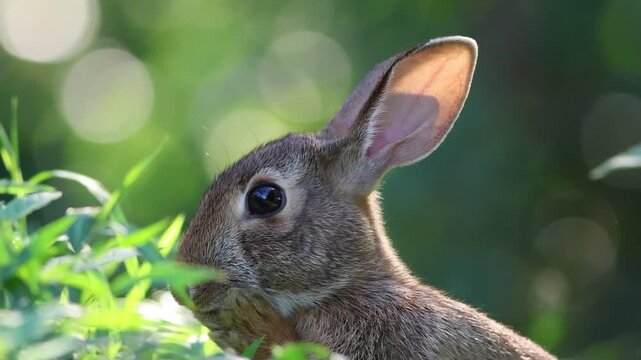 Eastern Cottontail Rabbit, Sylvilagus floridanus, in garden stands up cleans face and winks 