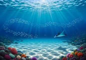 Sunlight streams through ocean waters illuminating coral reef and swimming stingray
