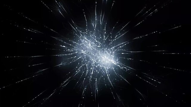 Abstract glowing energy explosion whirlwind firework from blue lines and magic particles abstract background