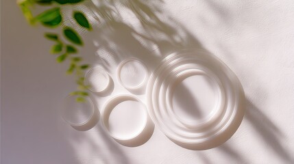 White bowls sunlight shadows plant background product photography