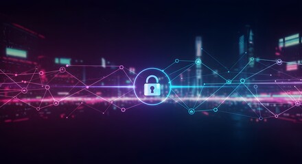 Secure digital ecosystem safeguarding sensitive information, illuminated by a central padlock icon amidst a glowing network of data connections, symbolizing robust cyber protection and privacy.