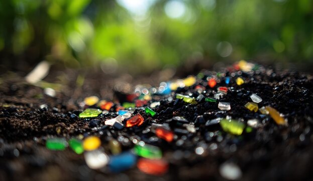 Colorful plastic waste scattered on dark soil amidst lush green foliage and vibrant plant life