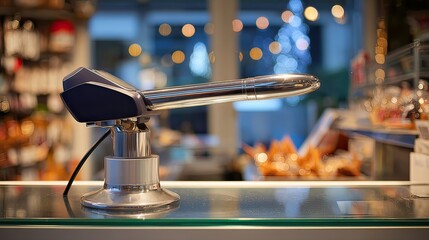 Contactless payment terminal, shop counter, blurred festive background, holiday sales