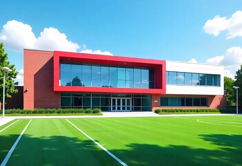 Modern school building with brick facade and glass windows, featuring sports field, playground, and athletic facilities under blue sky, symbolizing education, learning, architecture, and communit.