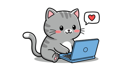 cartoon illustration of a cute gray cat with white cheeks, happily using a blue laptop.