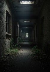 Dim, decaying hallway in an abandoned building. Sunlight streams through a skylight, illuminating a distant window