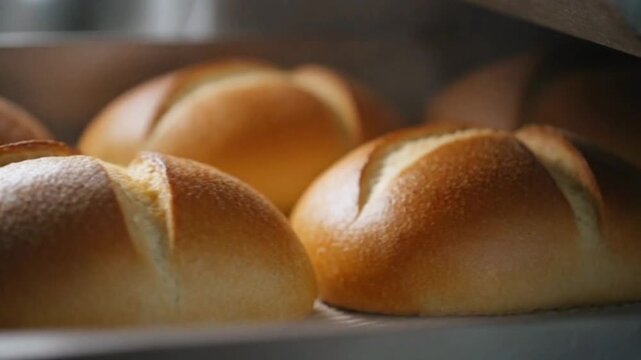 The process of baking bread that has just come out of the oven is automatic, fresh baked bread