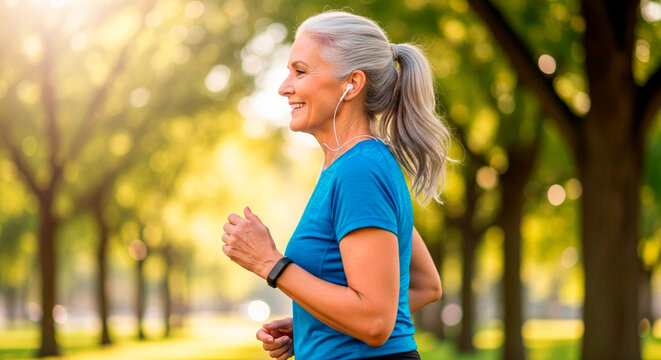 Senior woman wearing smart watch and earphones running in park - Powered by Adobe