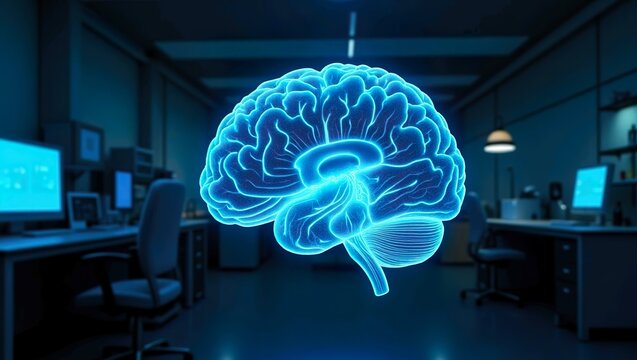 Hyper-realistic glowing digital brain with neural circuits in dark laboratory