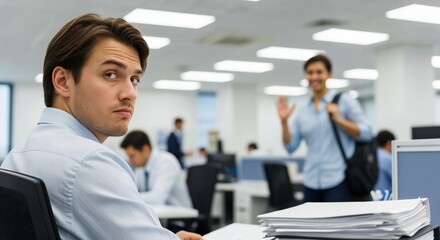 Annoyed young businessman staying late at the office while a happy female colleague leaves. Workplace stress and overtime concept.