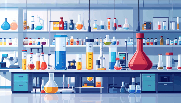 Flat vector set of science measuring instruments including laboratory glassware, digital balance, pipette, and burette isolated on white background.