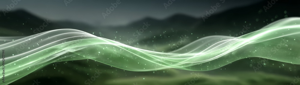 Poster a mesmerizing abstract visualization of a vibrant green energy wave flowing through the deep darknes
