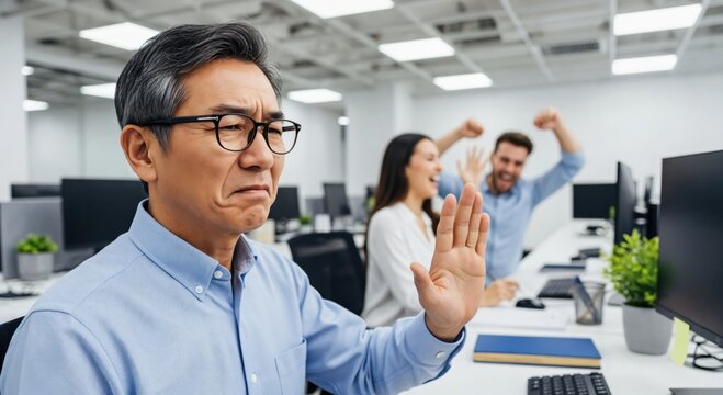 Frustrated older Asian businessman showing a stop gesture, annoyed by loud colleagues celebrating in the office.