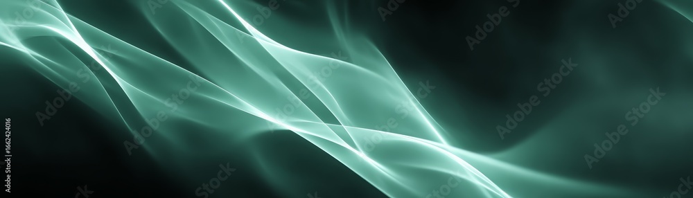 Poster abstract visualization of glowing green and white energy lines flowing dynamically across a deep bla