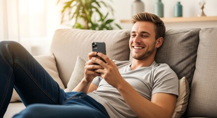A young man reclines on a couch, smiling happily as he looks at his smartphone. He appears relaxed and content, enjoying his mobile device.