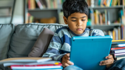 Focused young boy studying with digital tablet at home library, symbolizing education, learning, and childhood development.